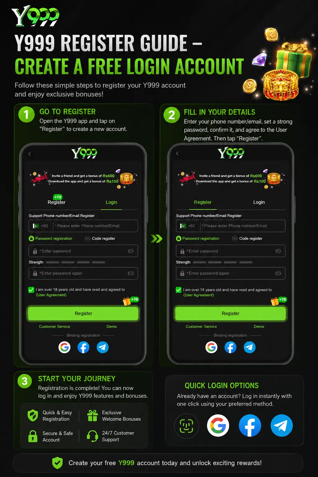 Y999 app register and login screens