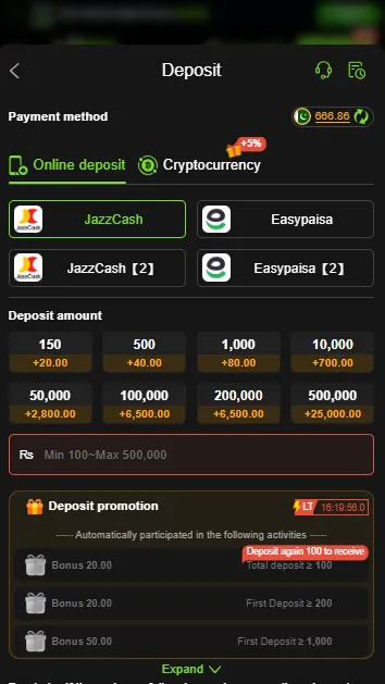 Y999 deposit screen with Easypaisa and JazzCash